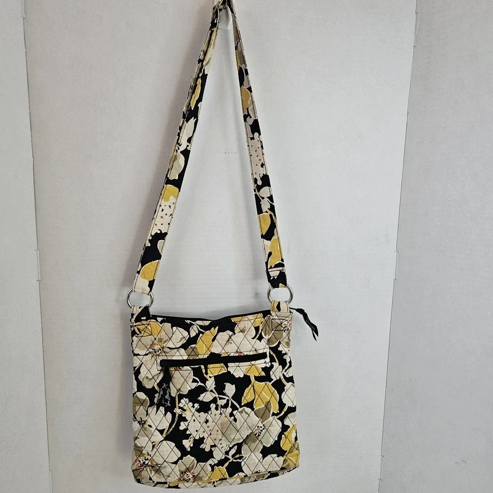 Vera Bradley Dogwood On The Go Hipster Crossbody Purse Bag Black Yellow White